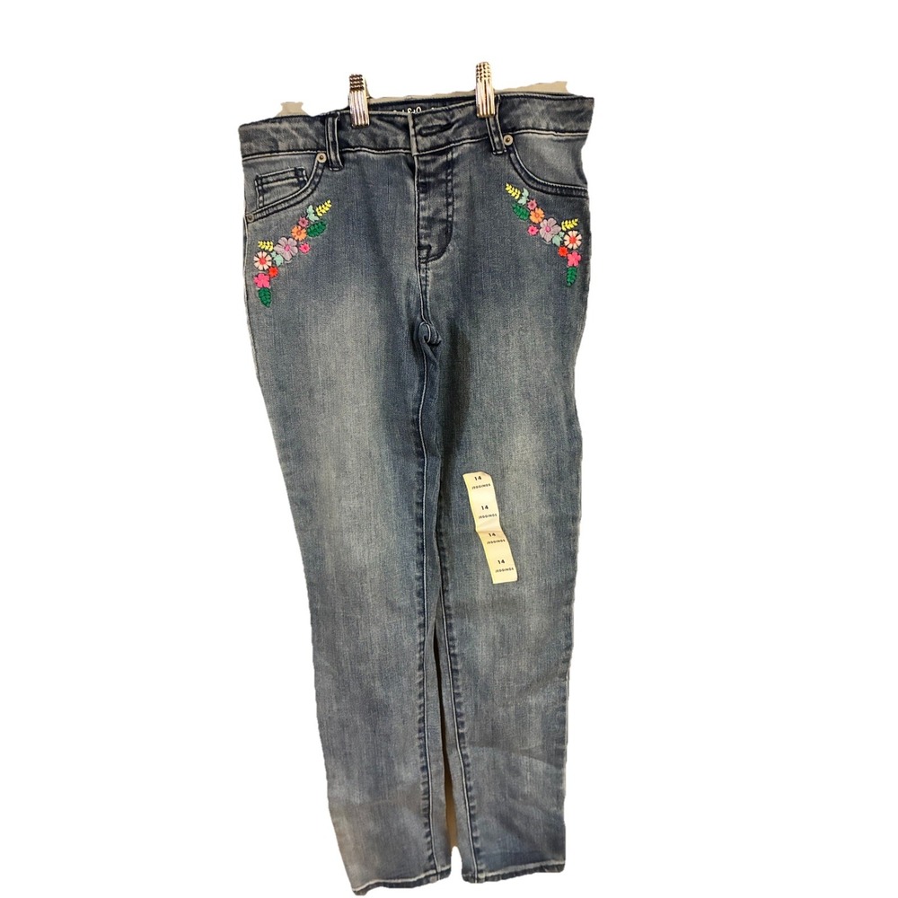 Cat & Jack Girls Size 14 Medium Wash Mid Rise Zipper Denim Jeggings Embroidered